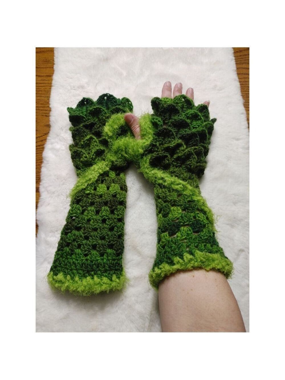 Grinch Handmade Crocheted Drangonscale Green Fuzzy Fingerless Gloves Armwarmer